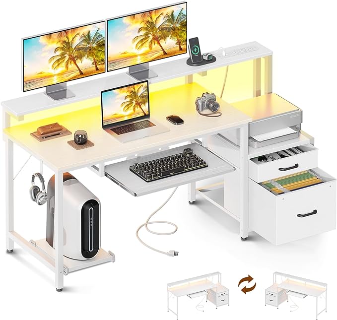 AODK 55 Inch Computer Desk with Power Outlet and LED Light, Reversible Office Desk with File Cabinet and Drawer, Gaming Desk with Keyboard Tray, Study Table with Full Monitor Riser and PC Stand, White - LeafyLoom