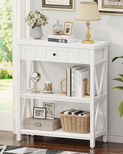 FATORRI Small Bookcase with Drawer, Wood and Metal Bookshelf for Small Space, Short Book Shelf and Low Book Case for Living Room (White Oak) - LeafyLoom