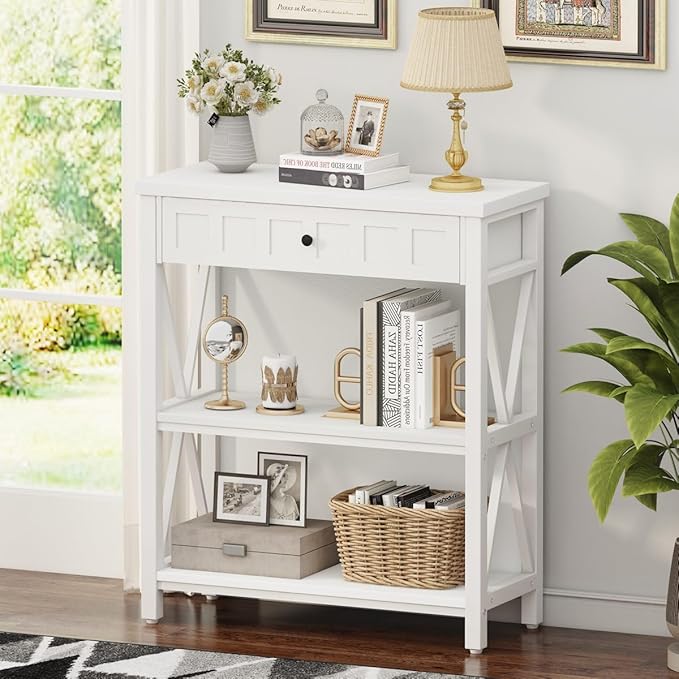FATORRI Small Bookcase with Drawer, Wood and Metal Bookshelf for Small Space, Short Book Shelf and Low Book Case for Living Room (White Oak) - LeafyLoom