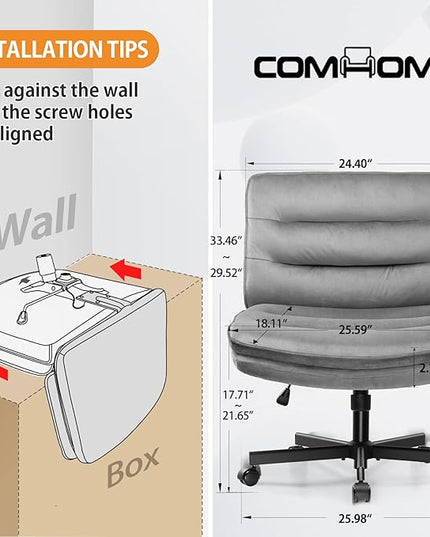 COMHOMA Criss Cross Chair with Wheels, Armless Wide Cross Legged Office Chair Mid Back, Modern Home Office Desk Chair Swivel Adjustable Vanity Computer Chair, Gray Velvet - LeafyLoom