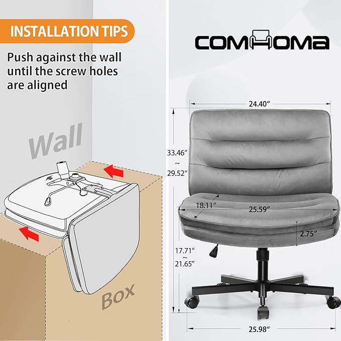 COMHOMA Criss Cross Chair with Wheels, Armless Wide Cross Legged Office Chair Mid Back, Modern Home Office Desk Chair Swivel Adjustable Vanity Computer Chair, Gray Velvet - LeafyLoom