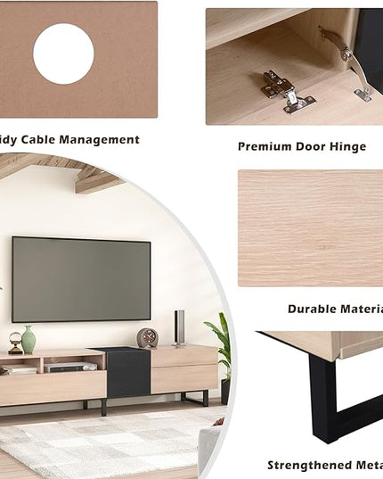 71 Inch TV Stand with Double Storage Space for TVs up to 80'', Modern TV Console with Drop Down Door, Entertainment Center for Living Room, Bedroom and Home Theatre, Natural Wood+Black - LeafyLoom
