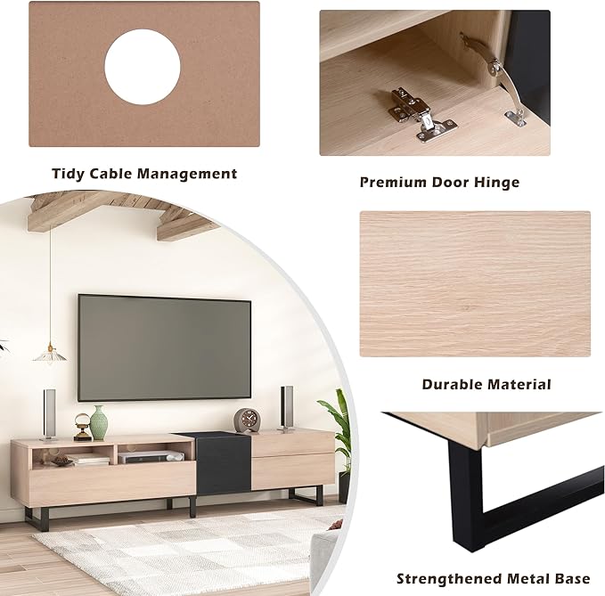71 Inch TV Stand with Double Storage Space for TVs up to 80'', Modern TV Console with Drop Down Door, Entertainment Center for Living Room, Bedroom and Home Theatre, Natural Wood+Black - LeafyLoom
