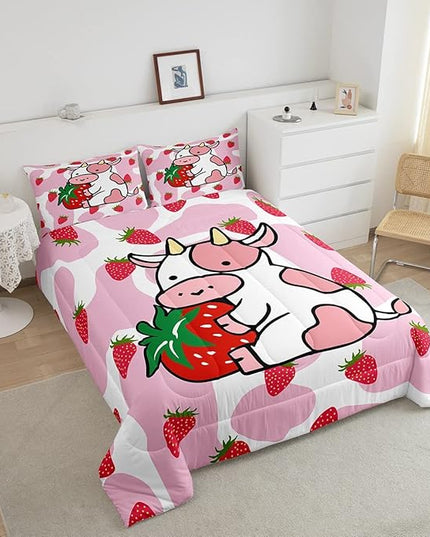 Feelyou Milk Cow Comforter Pink White Cow Strawberry Pattern Comforter Set Bedding Set for Kids Adults Kawaii Girls Milk Cow Print Duvet Set Ultra Soft Room Decor Full Size Quilt Set - LeafyLoom