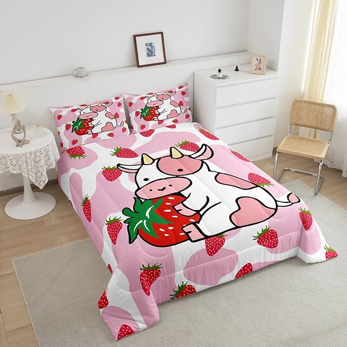 Feelyou Milk Cow Comforter Pink White Cow Strawberry Pattern Comforter Set Bedding Set for Kids Adults Kawaii Girls Milk Cow Print Duvet Set Ultra Soft Room Decor Queen Size Quilt Set - LeafyLoom