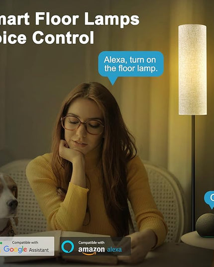 RGB Floor Lamp LED Smart: Standing Lamp Work with Alexa & Google Home | Tall Modern Bright Corner Lamps with Remote & WiFi APP for Living Room Bedroom Office Dorm, Simple Linen Lampshade Dimming Light - LeafyLoom