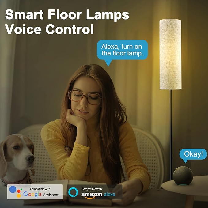 RGB Floor Lamp LED Smart: Standing Lamp Work with Alexa & Google Home | Tall Modern Bright Corner Lamps with Remote & WiFi APP for Living Room Bedroom Office Dorm, Simple Linen Lampshade Dimming Light - LeafyLoom
