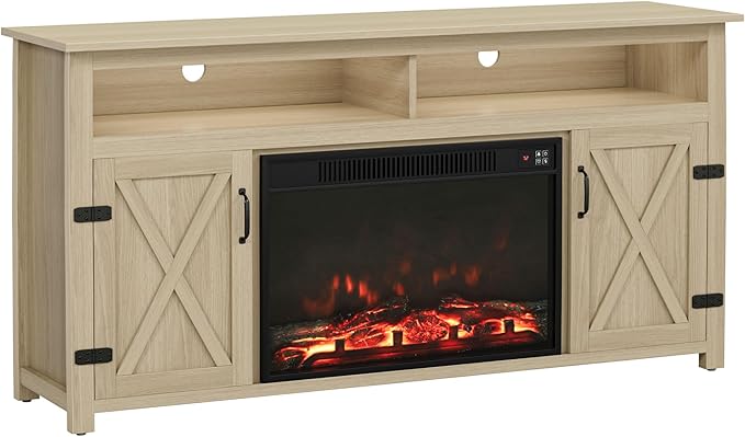 YESHOMY Fireplace TV Stand for Television up to 65+ Inch with Storage and Farmhouse Barn Doors, Entertainment Center with Cabinet and Shelves, Media Console for Living Room, Oak - LeafyLoom