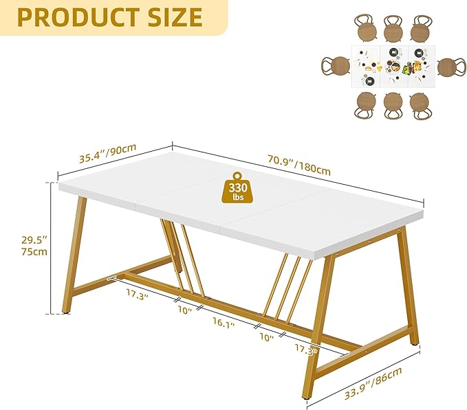 YITAHOME 70.9 Inch Large White Dining Table for 6-8 People, Modern Farmhouse Kitchen Dinner Table with Gold Geometric Metal Legs, Rectangular Wood Dining Room Dinette Table for Kitchen, Living Room - LeafyLoom