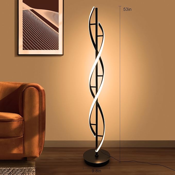 Spiral Floor Lamp 53 inch, with Remote Control Three Color Dimmable Standing Lamps, Modern Creative Pole Lamp, 36W Floor Lamps for Living Room, Bedroom, Office, Study Light（Black） - LeafyLoom