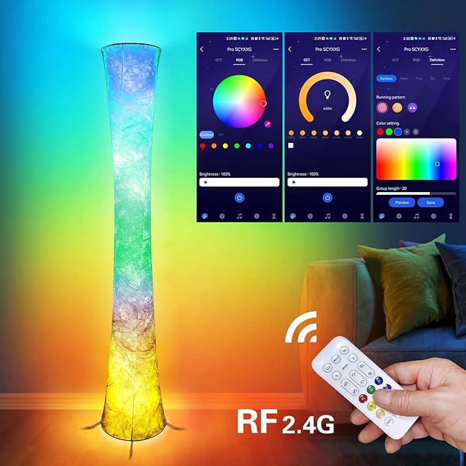 Floor Lamp, RGB Color Changing, Smart Control Music Sync with Fabric Shade, Standing Lamp for Living Room Bedroom Game Room, 62 inch - LeafyLoom