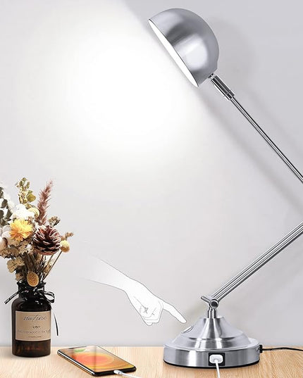 Touch Control LED Desk Lamp with USB Charging Port, Architect Brushed Nickle Lamp with Adjustable Swing Arm, Dimmable Silver Desk Lamp for Home Office Reading Study, 3000K/4000K/5000K 3 Color Modes - LeafyLoom