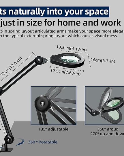 LED Magnifying Lamp with Premium Swing Arm, 5X Magnifying Glass with 5-Color Dimmable Light, Heavy-Duty Work Lamp Hands Free for Crafts, Precision Work, Estheticians - New Rotary Switch Design - LeafyLoom