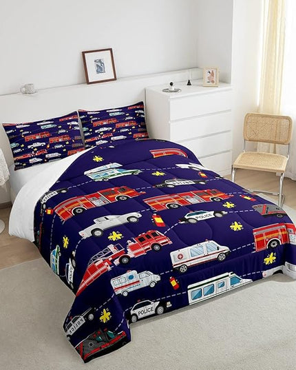 Fire Truck Bedding Bed Set Police Car Comforter Set for Kids Boys Girls Teens Youth Decor Engine Ambulance Cute Comforter Emergency Vehicle Blue Soft Quilt Set Room 3Pcs King Size - LeafyLoom