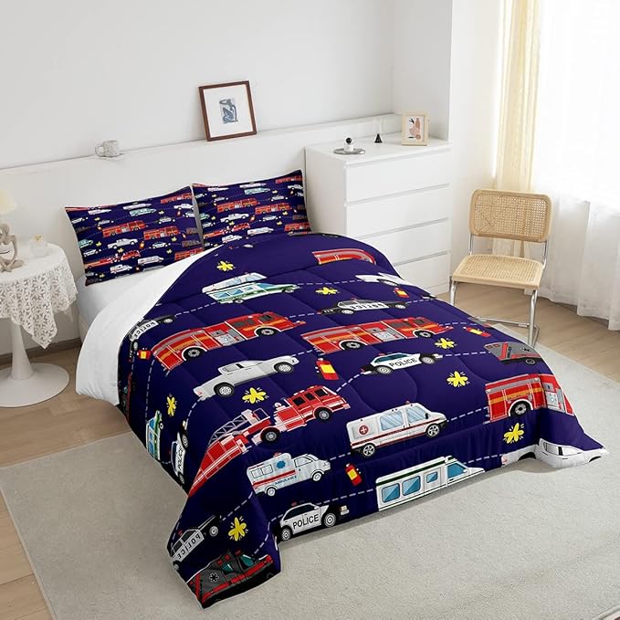 Fire Truck Bedding Bed Set Police Car Comforter Set for Kids Boys Girls Teens Youth Decor Engine Ambulance Cute Comforter Emergency Vehicle Blue Soft Quilt Set Room 3Pcs King Size - LeafyLoom
