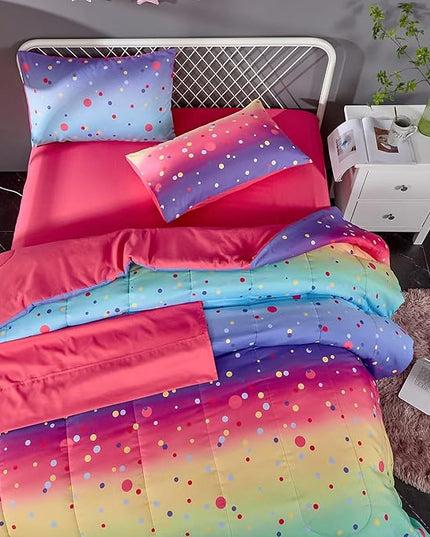 Colorful Polka Dots Rainbow Comforter Set for Teen Girl,Full/Queen Size 5 Piece Bed in A Bag,Circles Printed Comforter and Sheets,Ultra Soft Microfiber All Season Bedding Set(Full/Queen,Dots) - LeafyLoom