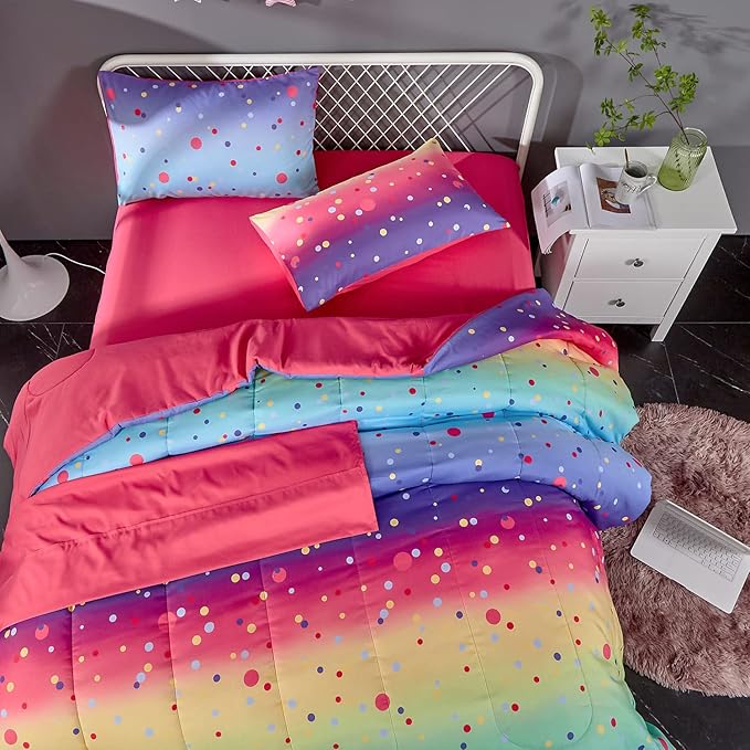 Colorful Polka Dots Rainbow Comforter Set for Teen Girl,Full/Queen Size 5 Piece Bed in A Bag,Circles Printed Comforter and Sheets,Ultra Soft Microfiber All Season Bedding Set(Full/Queen,Dots) - LeafyLoom