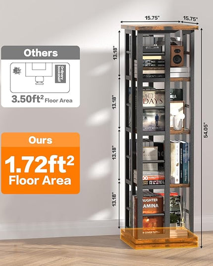 EasyCom Rotating Bookshelf with Metal Frame, 360 Display Wood Revolving Bookcase, 4-Tier Corner Bookshelf with Storage, Floor Standing Spinning Bookshelf for Living Room, Office, Brown - LeafyLoom