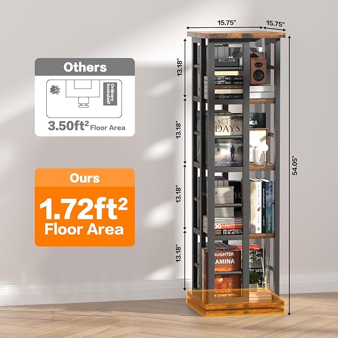 EasyCom Rotating Bookshelf with Metal Frame, 360 Display Wood Revolving Bookcase, 4-Tier Corner Bookshelf with Storage, Floor Standing Spinning Bookshelf for Living Room, Office, Brown - LeafyLoom