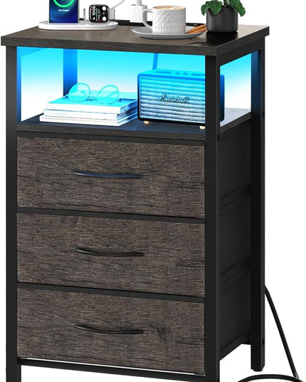 Yoobure Night Stand with Charging Station, 20 Colors LED Nightstand with USB Ports and Outlets, End Table with 3 Fabric Drawers and Storage Shelf, Bedside Tables Small Dresser for Small Space, Gray - LeafyLoom