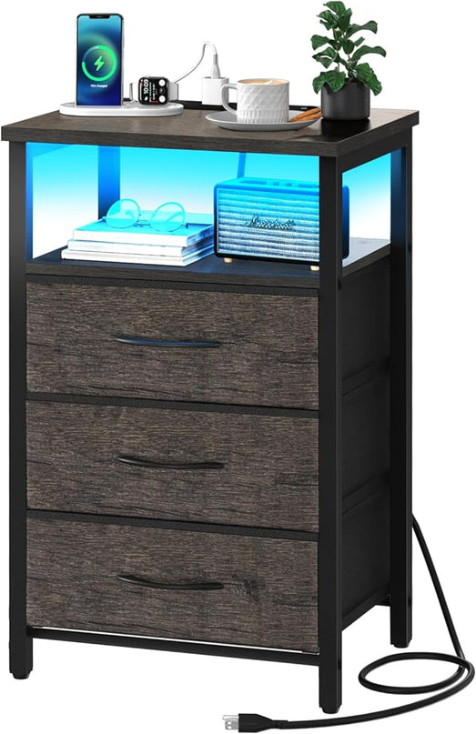 Yoobure Night Stand with Charging Station, 20 Colors LED Nightstand with USB Ports and Outlets, End Table with 3 Fabric Drawers and Storage Shelf, Bedside Tables Small Dresser for Small Space, Gray - LeafyLoom