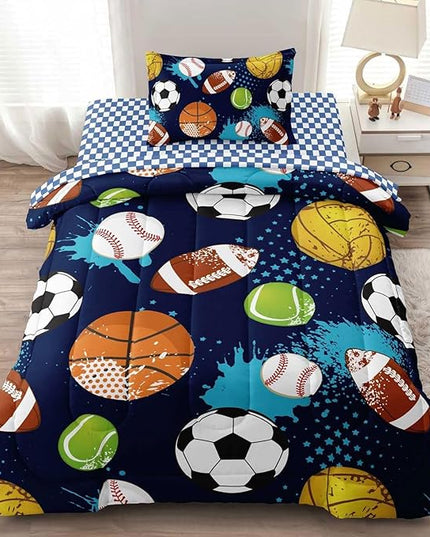 Kids Boys Comforter Set Twin Bed in a Bag w/Sheet Sets, Blue Twin Bedding Sets for Teens Soccer Basketball Baseball Football Sports Themed Bedroom Decor Reversible Design - LeafyLoom