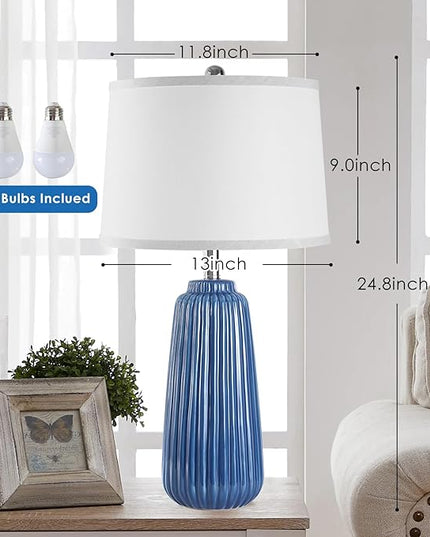 25inch Modern Ceramic Table Lamps Set of 2,Blue Tall Nightstand Lamp 3-Way Dimmable Farmhouse End Table Lamps for Living Room Bedroom,Bulbs Included - LeafyLoom
