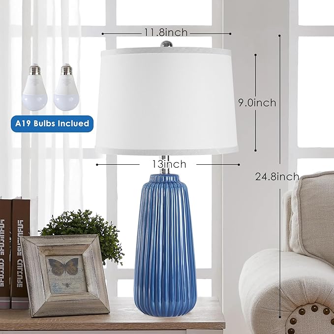 25inch Modern Ceramic Table Lamps Set of 2,Blue Tall Nightstand Lamp 3-Way Dimmable Farmhouse End Table Lamps for Living Room Bedroom,Bulbs Included - LeafyLoom
