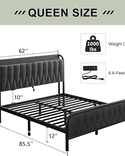 Feonase Queen Bed Frame with Type-C & USB Port, Metal Platform Beds, with Linen Upholstered Headboard & Footboard, 12" Underbed Storage Space, Easy Assembly, Noise-Free, Black Gray - LeafyLoom