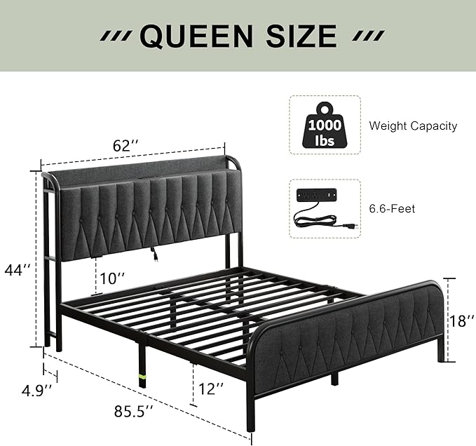 Feonase Queen Bed Frame with Type-C & USB Port, Metal Platform Beds, with Linen Upholstered Headboard & Footboard, 12" Underbed Storage Space, Easy Assembly, Noise-Free, Black Gray - LeafyLoom