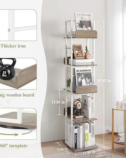 Bikoney Bookshelves 5-Tier, Rotating Bookshelf Tower for Corner, Small Bookcase, Tall Industrial Bookshelf, Narrow Bookshelf, Wood and Metal White - LeafyLoom