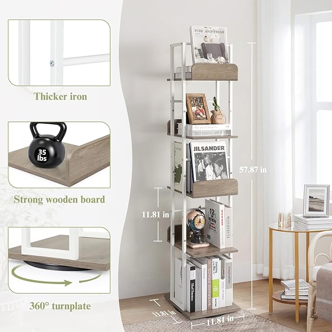 Bikoney Bookshelves 5-Tier, Rotating Bookshelf Tower for Corner, Small Bookcase, Tall Industrial Bookshelf, Narrow Bookshelf, Wood and Metal White - LeafyLoom