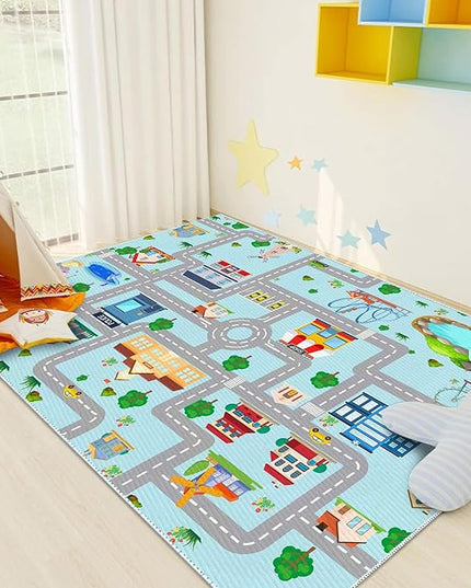 Kids Car Rug, 5x7 City Life Traffic Road Playmat for Toy Cars Trains, Non-Slip Race Track Carpet Educational Fun Area Rugs for Boy and Girl Bedroom Nursery - LeafyLoom