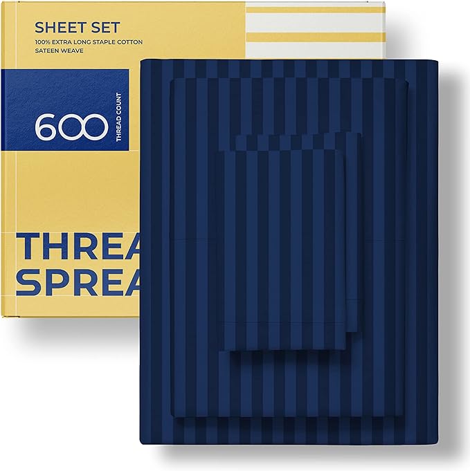THREAD SPREAD Luxury Egyptian Cotton Twin Stripe Sheet Set - 600 Thread Count Extra Long Staple 3 PC Set, Twin Damask Sheets, Soft, Cooling Sateen Weave Striped Sheets Upto 18" Deep Pocket - Navy Blue - LeafyLoom