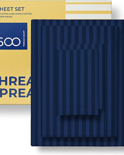 THREAD SPREAD Luxury Egyptian Cotton King Stripe Sheet Set, 600 Thread Count Extra Long Staple 4 PC Set, King Damask Sheets, Soft, Cooling Sateen Weave Sheets Upto 18" Deep Pocket - Navy Blue - LeafyLoom