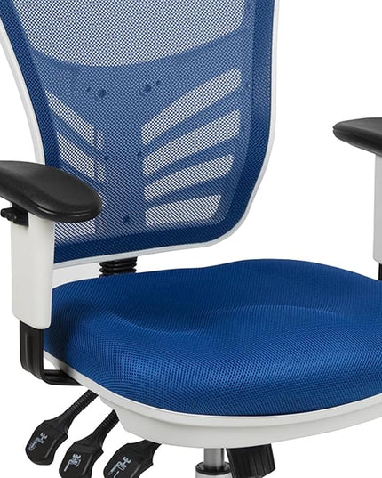 Flash Furniture Nicholas Mid-Back Blue Mesh Multifunction Executive Swivel Ergonomic Office Chair with Adjustable Arms and White Frame - LeafyLoom