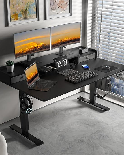 63×30 Inch Electric Standing Desk with 2 Drawers, Adjustable Height Widened Stand Up Desk with Storage Shelf, Sit to Stand Ergonomic Workstation for Home Office - LeafyLoom