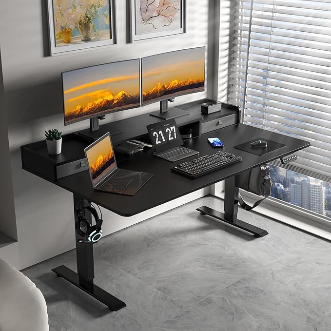 63×30 Inch Electric Standing Desk with 2 Drawers, Adjustable Height Widened Stand Up Desk with Storage Shelf, Sit to Stand Ergonomic Workstation for Home Office - LeafyLoom