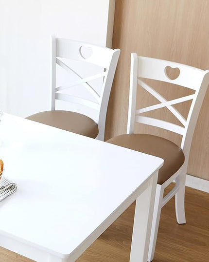 Livinia Heart X-Back Dining Chair Set of 2, Solid Malaysian Oak PU Leather Upholstered Cushion Seat Wooden Cross Back Side Chairs (White) - LeafyLoom