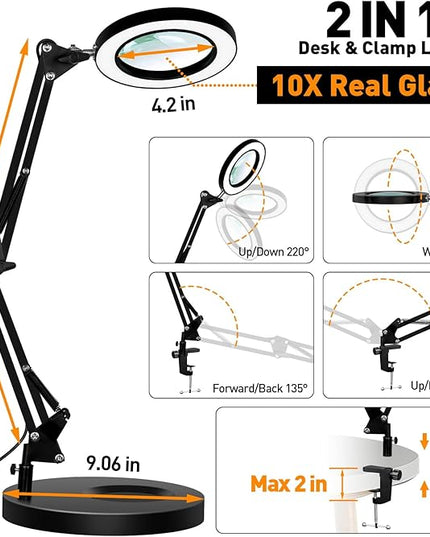 Magnifying Glass with Light and Stand, 10X Real Glass LED Magnifying Lamp, 3 Color Modes 10 Level Dimmable Lighted Magnifying Glass, 2-in-1 Magnifier Desk Lamp & Clamp for Reading Crafts Repair - LeafyLoom