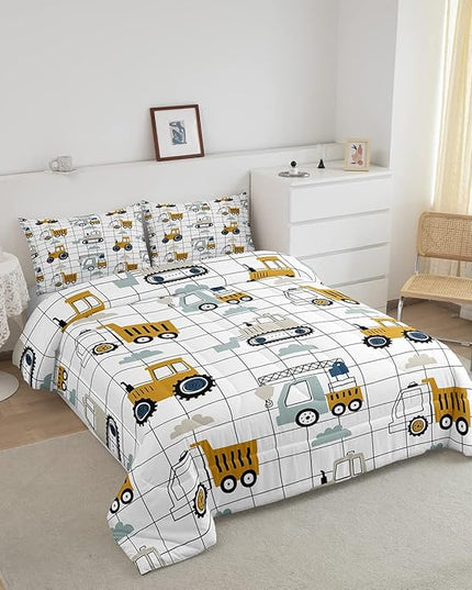 Kids Cartoon Car Comforter Set Boys Cute Excavator Tractor Comforter Toddler Construction Bedding Set Children Vehicles Truck Cars Quilt Set Black White Grid Duvet Set Bright Bedroom Decor Queen Size - LeafyLoom