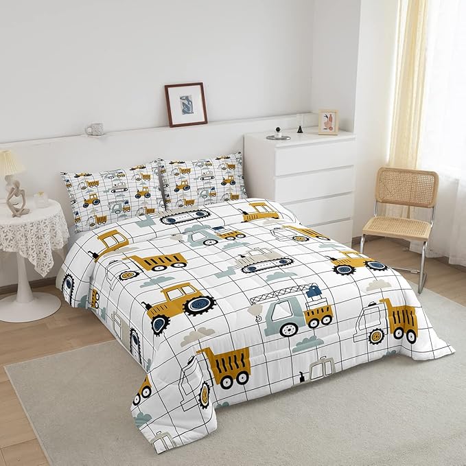 Kids Cartoon Car Comforter Set Boys Cute Excavator Tractor Comforter Toddler Construction Bedding Set Children Vehicles Truck Cars Quilt Set Black White Grid Duvet Set Bright Bedroom Decor Queen Size - LeafyLoom