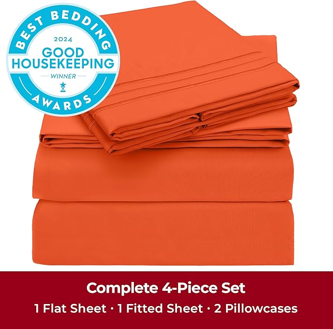 Mellanni California King Sheets Set - 4 PC Iconic Collection Bedding Sheets & Pillowcases - Hotel Luxury, Extra Soft, Cooling Bed Sheets - Deep Pocket up to 16 inch (Cal King, Poppy Orange) - LeafyLoom