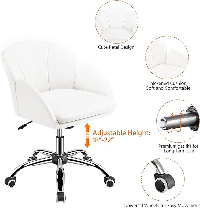 Yaheetech Cute Petal Desk Chair Home Office Swivel Upholstered Leather Makeup Vanity with Armrests for Bedroom Modern Computer Rolling Women White - LeafyLoom