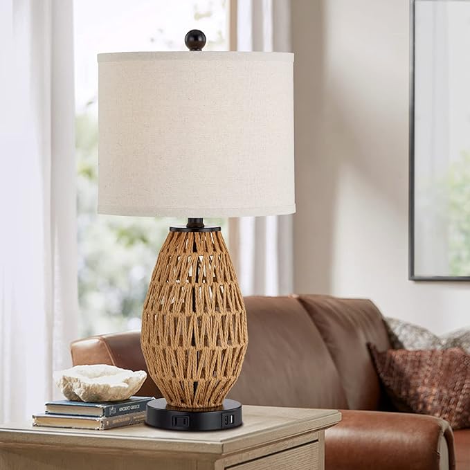 Touch Control Rattan Table Lamps, 3 Way Dimmable Bedside Lamps for Bedroom Set of 2 with 2 USB Ports and AC Outlet, Wicker Nightstand Lamps for Living Room (LED Bulbs Included) - LeafyLoom