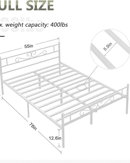 VECELO Full Size Bed Frame with Headboard, 14 Inch Metal Platform Mattress Foundation, No Boxing Spring Needed, Squeak Resistant, Easy Assembly, White - LeafyLoom