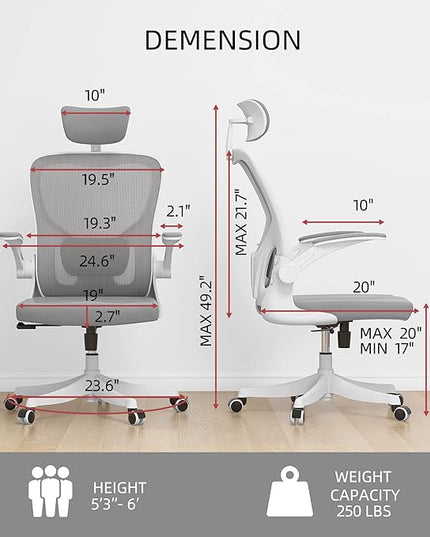 Office Chair - Ergonomic Office Chair with Lumbar Support & Flip Up Arms Home Office Desk Chairs Rockable Swivel High Back Computer Chair White Frame Grey Mesh Study Chair - LeafyLoom
