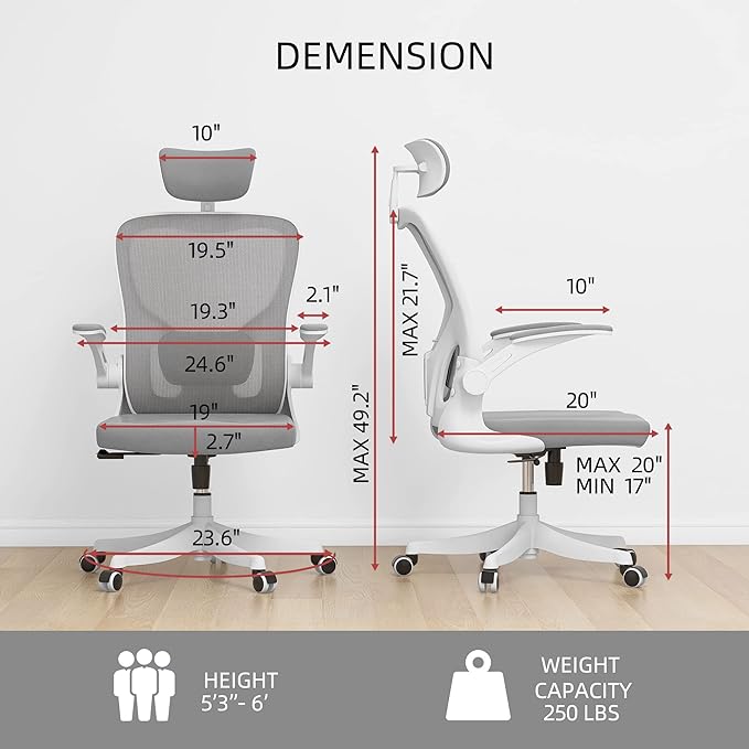 Office Chair - Ergonomic Office Chair with Lumbar Support & Flip Up Arms Home Office Desk Chairs Rockable Swivel High Back Computer Chair White Frame Grey Mesh Study Chair - LeafyLoom