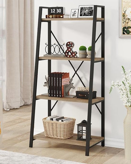 BON AUGURE Farmhouse Ladder Shelf Bookcase, 4 Tier Rustic Ladder Bookshelf, Standing Leaning Book Shelves for Living Room (Vintage Oak) - LeafyLoom