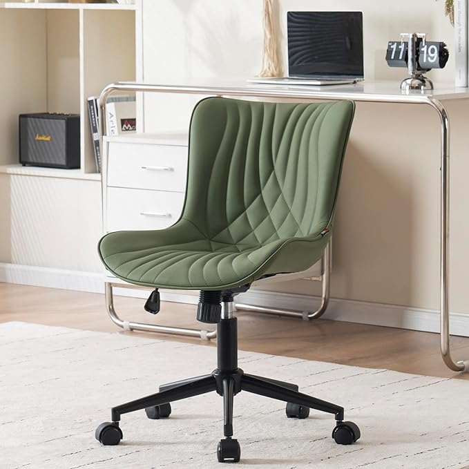YOUNIKE Office Chair, Armless Desk Chair Computer Chair with Wheels, Modern Upholstered PU Leather Task Chair, Rolling Adjustable Swivel Home Office Desk Chair, Dark Green - LeafyLoom